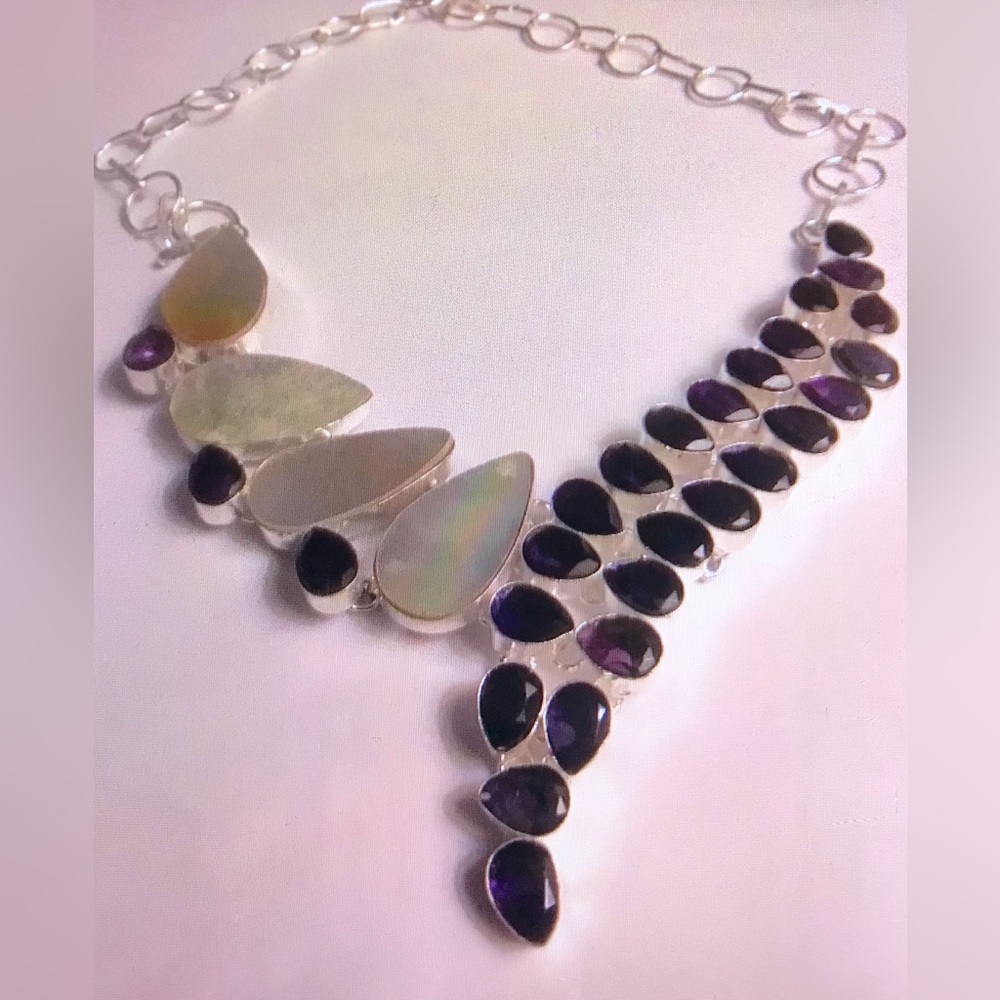 Stampd 925 Sterling Silver Mother of Pearl Amethyst Necklace